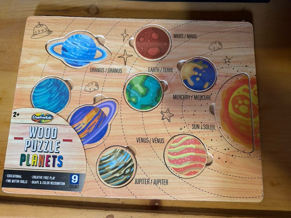 Wood Solar System Puzzle Kids Cognitive Astronomy Toy Preschool Eight Planets